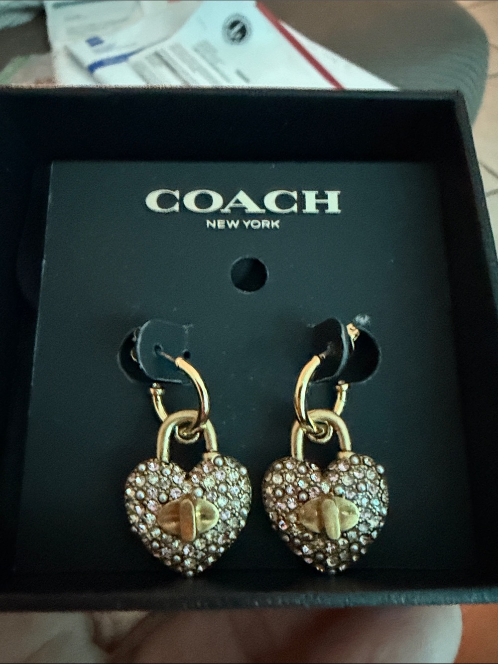 Coach Gold Heart Padlock Crystal Drop Earrings - Picture 1 of 1